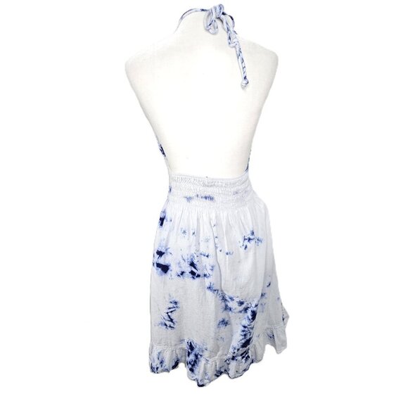 BLANCO Blue White Crochet Halter Tie Beachy Open Back Mini Dress - Picture 6 of 8